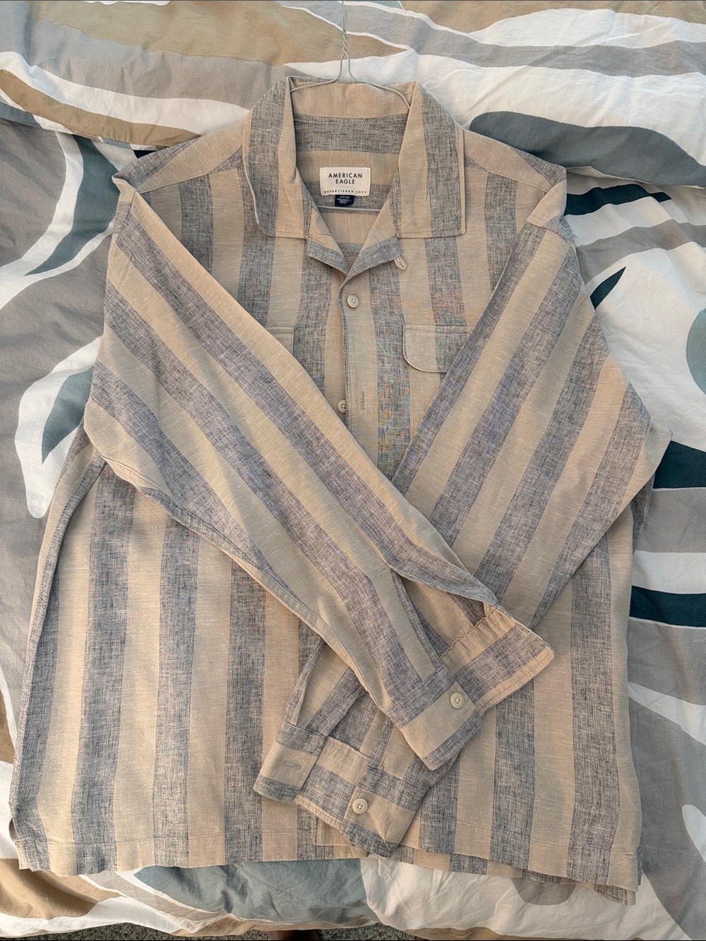 American Eagle Outfitters Beige and Blue Striped Button-Down Shirt